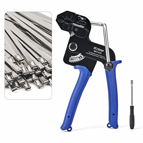 IWISS WCT322 Stainless Steel Cable Tie Gun Kit for Fastening and Cutting up to 12mm Width Metal Zip Ties, c/w 100 Pieces Stainless Steel Cable Zip Ties, Zip Tie Gun