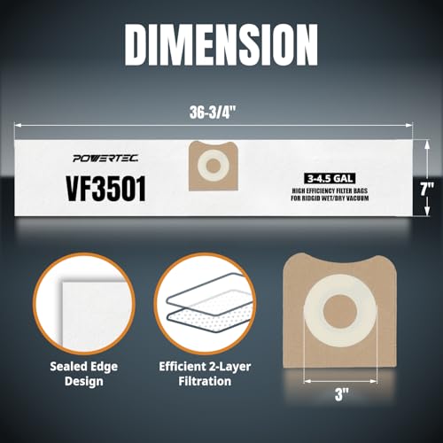 POWERTEC VF3501 Size C Shop Vac Bags for Ridgid 5 Pack, 3-4.5 Gal. 23738 Vacuum Bags for Ridgid 4000RV, WD40700 Wet Dry Vac (75017V) - size: VF3501 (Size C), style: 5 Pack