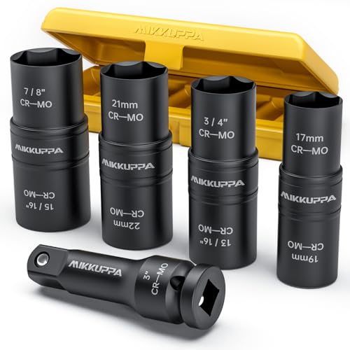 MIKKUPPA 5 PCS 1/2" Drive Impact Socket Set, Flip Socket Set, Cr-Mo Steel, Includes 3 Inch Bar Extension, Double Side Half Size Lug Nut Extractor Set
