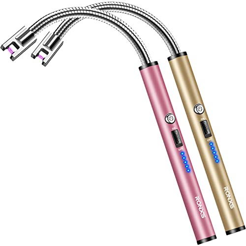 RONXS Electric Candle Lighter, Windproof Rechargeable Long Lighter, 2PCS | Flameless, Safety Lock, LED Battery Display, Flexible Long Neck for Candles Grill BBQ Camping, Type C Cable, Gold&Pink - color: N-pink&gold