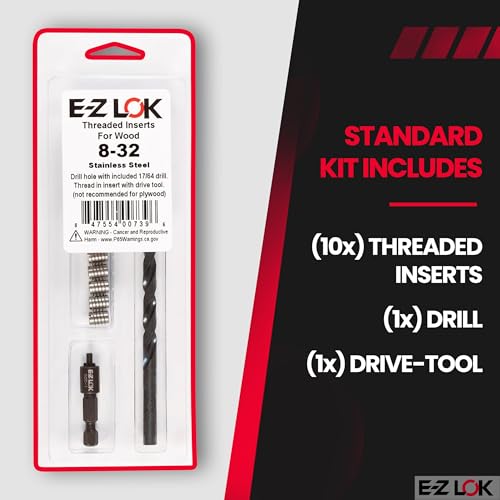 E-Z LOK 400-008-CRThread Installation Kit for Wood Stainless Steel Threaded Inserts, Includes 8-32 Knife Thread Inserts (10), Drill, Installation Tool - size: 8-32