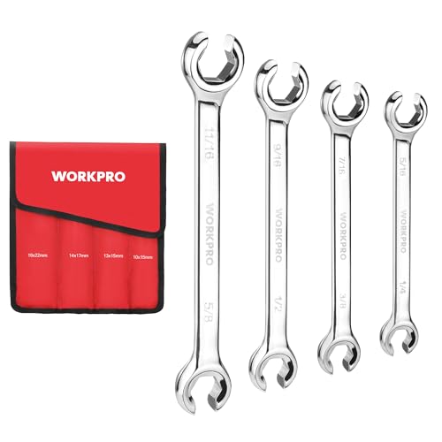 WORKPRO 4-Piece Flare Nut Wrench Set, SAE Brake Line Wrenches, 1/4", 5/16", 3/8", 7/16", 1/2", 9/16", 5/8", 11/16", Cr-V Steel, 15° Offset Head Tubing Wrench, Organizer Pouch Included - size: SAE