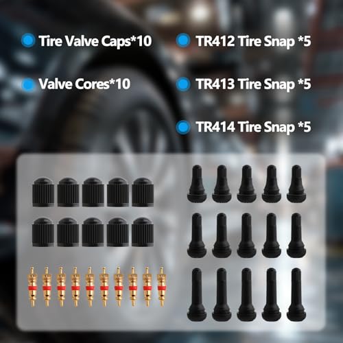 45 PCS Valve Stem Core Removal Replacement Tool Kit, Tire Valve Stem Removal Tool and TR412, TR413, TR414 Tire Snap in Short Rubber Valve Stem, 4 Way Valve Core Remover