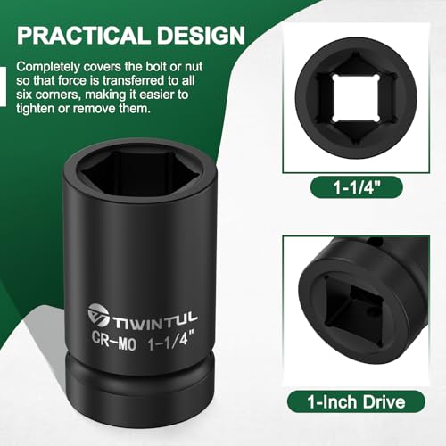 1-1/4” Impact Socket 1" Drive for Semi-Truck & Heavy Equipment | 6 Point Design, CR-MO, ANSI Certified, Heavy Duty Socket 1 Inch Drive for Mining & Construction, Farm Equipment Maintenance - size: 1-1/4'' (1 PCS)