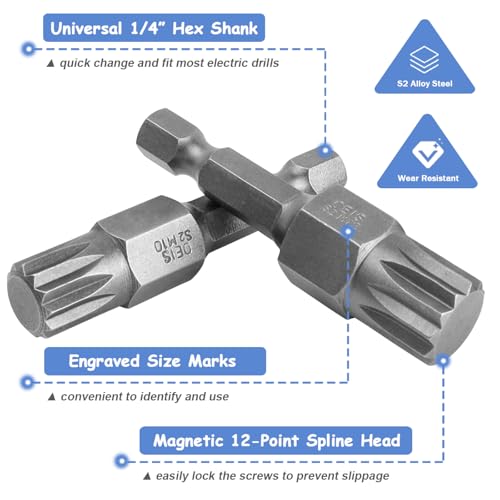 Mesee 7 Pieces 50mm Triple Square Spline Bit Set Quick Change 1/4" Hex Shank 12-Point Spline Drive Bits M4 M5 M6 M7 M8 M10 M12 Magnetic Screwdriver Bits for Mechanic Garage Repair Tools
