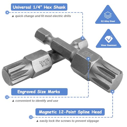 Mesee 7 Pieces 50mm Triple Square Spline Bit Set Quick Change 1/4" Hex Shank 12-Point Spline Drive Bits M4 M5 M6 M7 M8 M10 M12 Magnetic Screwdriver Bits for Mechanic Garage Repair Tools