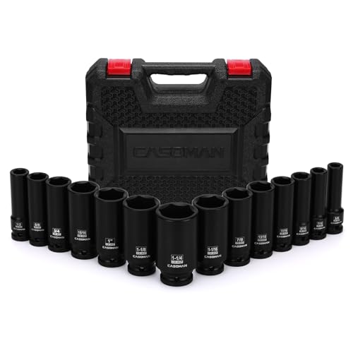 CASOMAN 14PCS 1/2" Drive Deep Impact Socket Set, SAE, 6-Point, CR-MO, 3/8" to 1-1/4", for Auto Repair, Mechanic, with Portable Case, Easy-to-Read Size Markings, Rugged Construction - size: 9.5mm to 31.8mm