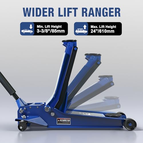 Floor Jack 3 Ton Extra Long Reach Hydraulic Low Profile Floor Jack with Dual Piston Quick Lift Pump, Home and Workshop Car Maintenance for Various Vehicles, 3 Ton (6,600 lbs) Capacity, Blue