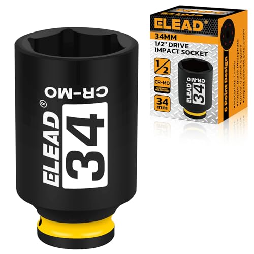 ELEAD 34 mm Socket 1/2" Drive Deep Impact Socket, Metric 6 Point 1/2-inch Drive Impact Axle Nut Sockets, CR-MO Nut Socket Set, Tools for Easy Removal of Axle Shaft Nuts - color: 34mm