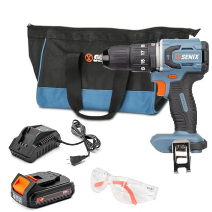 SENIX X2 20 Volt Max* Cordless 1/2-Inch Hammer Drill Driver with Brushless Motor, Power Tool Kit Includes Storage Bag, 2.0 Ah Battery,Charger,Safety Glasses (PDHX2-M2) - style: Hammer Drill Driver
