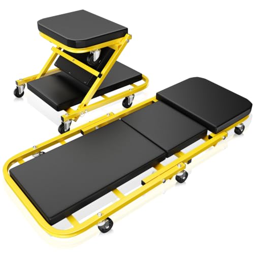 Auto Dynasty 40" Z-Creeper Seat, 2-in-1 Foldable Garage Creeper Shop Seat, 330 LBS Capacity Automotive Mechanic Repair Under Car Rolling Creeper Seat, Yellow - color: Yellow, size: 40 Inch