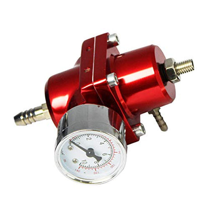Universal Adjustable Fuel Pressure Regulator Kit with 0-140 PSI Gauge Aluminum Gas Oil Injection Pressure Regulator Red FPR - color: Red