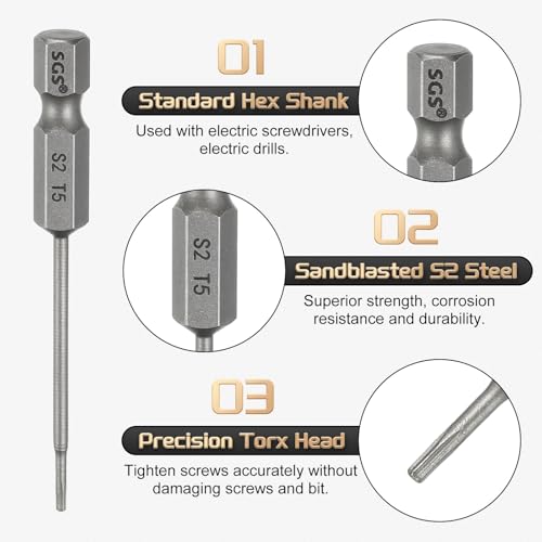 HARFINGTON 3pcs T5 Torx Head Screwdriver Bit 1/4" Hex Shank 2.6" (65mm) Long Magnetic No Hole Tip Tamper Proof 6 Point Star Screw Driver Drill Bits S2 Steel Industrial Power Screwdrivers - size: T5 x 2.6"(65mm)
