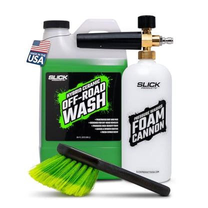 Slick Products Off-Road Wash (64 oz.) + Pressure Washer Foam Cannon + Scrub Brush – Super Concentrated ATV, UTV, Dirt Bike, Jeep & Truck Wash Foam Shampoo for Heavy Mud and Dirt