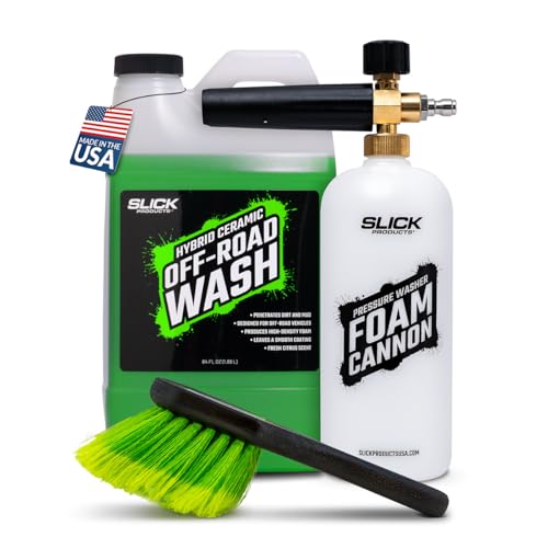 Slick Products Off-Road Wash (64 oz.) + Pressure Washer Foam Cannon + Scrub Brush – Super Concentrated ATV, UTV, Dirt Bike, Jeep & Truck Wash Foam Shampoo for Heavy Mud and Dirt