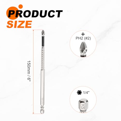 HARFINGTON 6pcs Impact Phillips Screwdriver Bit PH2 (#2) Anti Slip Tip 1/4" Hex Shank 6" (150mm) Long Magnetic Cross Screw Driver Industrial Power Drill Bits for Remove Fastening Screws - size: 6 inch
