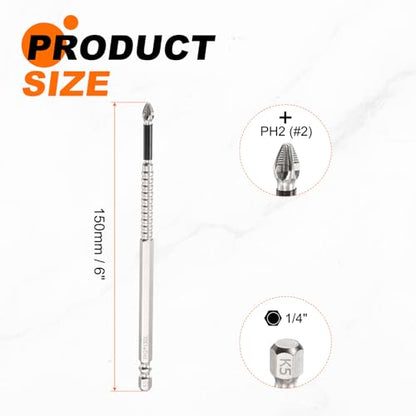 HARFINGTON 6pcs Impact Phillips Screwdriver Bit PH2 (#2) Anti Slip Tip 1/4" Hex Shank 6" (150mm) Long Magnetic Cross Screw Driver Industrial Power Drill Bits for Remove Fastening Screws - size: 6 inch