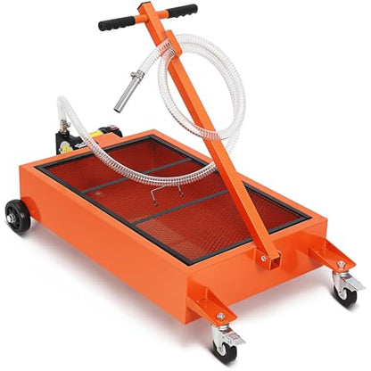PeakPursuit 15 Gallon Oil Drain Pan with Pump-Electric Rolling Oil Drain Cart with 8Ft Hose, Folding t-Handle & Caster Wheels, for Semi Truck, SUVs and Cars