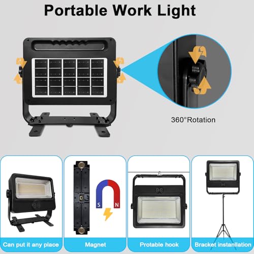 90W Solar Rechargeable Work Light 9000LM, 348 LEDs, 4800mAh, 10H Runtime, IP66 Rainproof, 5 Modes – Portable LED Solar Work Light for Emergency, Camping & Repair