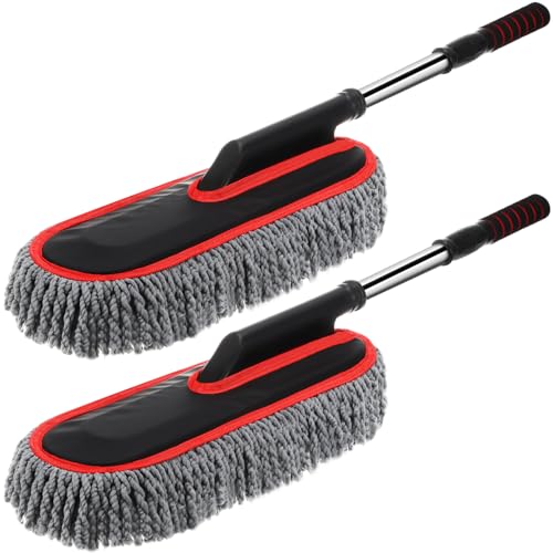 Tanlade 2 Pack Microfiber Car Duster Exterior Scratch Free with Extendable Handle Soft Car Duster Kit for Cleaning Dust Brush Set for Exterior Interior Cleaning Tools (Red Edge Gray) - color: Red Edge Gray