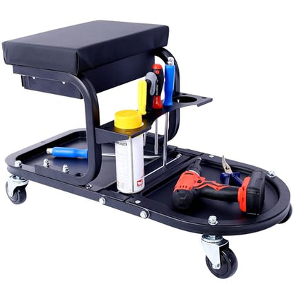 Ultimate Rolling Detailing & Utility Cart - Versatile & Mobile Tool for Cars, Trucks, SUVs, RVs, Home, Garden, Garage - Comfortable Seat Cushion, Organized Storage, Compact & Convenient - Black