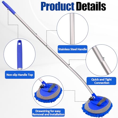 15° Curved Car Wash Brush with Long Handle 43" Extension Cleaning Mop Exterior Interior Carwash Duster 3-Section, 90° Pivoting Extralarge Microfiber Head for Scratch-Free Car, SUV & Truck (Blue) - color: Blue