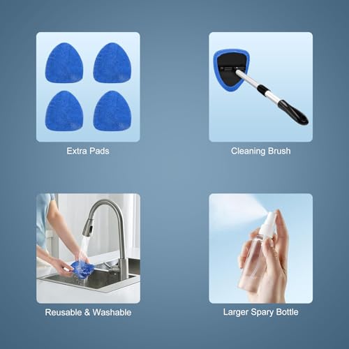 Car Windshield Cleaning Brush, Multifunctional Car Windshield Cleaning Brush Set‌ Car Cleaning kit with Retractable Handle, Microfiber Cloth, Spray Bottle, Suitable for All Cars(Blue)