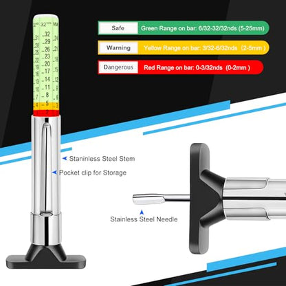 5 Packs Tire Depth Gauge 32nds, Luminescen Color Coded Tire Thread Wear Measure Tool with Pocket Clip, Tire Tread Depth Gauge with Dual Scale for Car,Truck,Moto - size: 5PCS