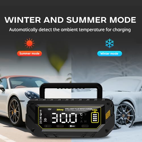 Car Battery Charger Auto-Stop 6V/12V/24V Trickle Charger | Max 26 Amp, Lithium LiFePO4 & Lead-Acid(All Car Battery) Battery Maintainer, Overcharge Protection, Temperature Compensation