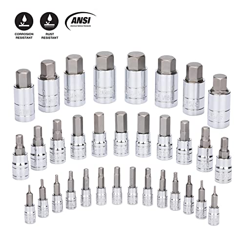 EMENTOL 33PCS Hex Bit Socket Set, 1/4", 3/8" and 1/2" Drive, SAE And Metric Allen Socket Bit, CR-V, S2 Steel, Master Hex Bit Socket Set, 5/64" - 3/4", 2mm - 19mm - size: 33PCS (SAE & Metric)