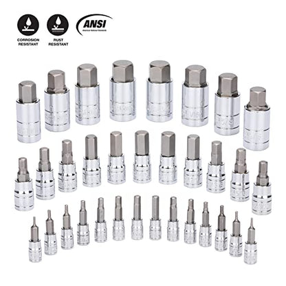 EMENTOL 33PCS Hex Bit Socket Set, 1/4", 3/8" and 1/2" Drive, SAE And Metric Allen Socket Bit, CR-V, S2 Steel, Master Hex Bit Socket Set, 5/64" - 3/4", 2mm - 19mm - size: 33PCS (SAE & Metric)