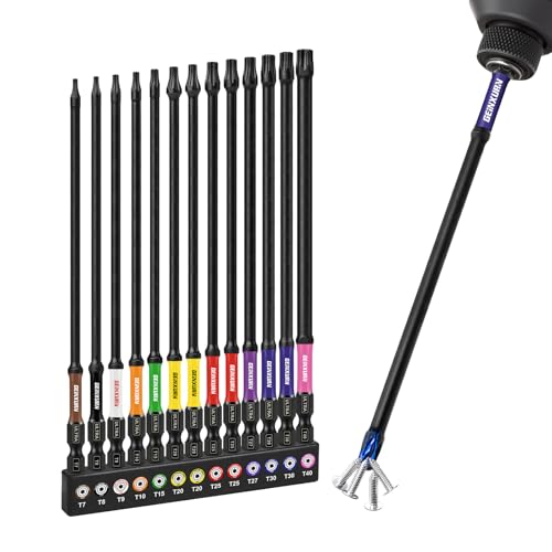 Geinxurn 13Pcs Torx Screwdriver Bits Set, 6”Double Impact Magnetic S2 Steel Long Extension Star Driver Bits Set (T7-T40) with Color Coded Base - size: 13pcs-6”-T, style: Torx