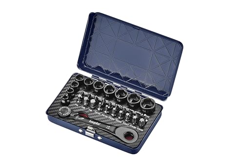 1/4” Mini Reversible Ratchet Wrench Tool Kit, 32 PCS Low Profile Bit Socket Set, Non-Slip Socket Ratcheting Wrench Tool Box, 5MM-14MM…