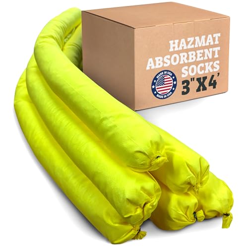 Hazmat Universal Absorbent Socks- 3"x4' (6 Pack) 1 Gallon per Sock- Yellow Oil Absorbent, Water Socks, Flood Barriers for Home, Garage Flood Barrier Spill Containment - size: 3"x4' (6 Pack)
