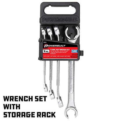 Powerbuilt 4 Piece SAE Flare Nut Wrench Set, Size Includes 3/8" x 7/16", 1/2" x 9/16", 5/8" x 11/16", 3/4" x 7/8" Flare Nut Wrench, Chrome-Vanadium made - 640185 - size: 4pc SAE, style: Flare Nut