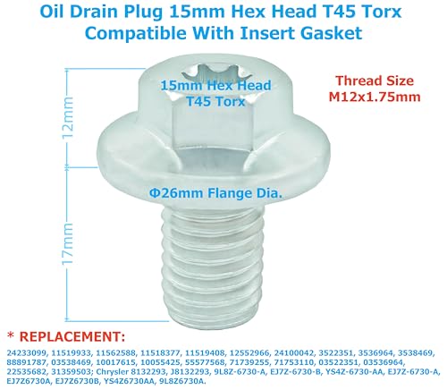 5PCS Oil Drain Plug M12-1.75, 15mm Hex Head T45 Torx Compatible with Insert Gasket, More 5PCS Gasket, fit for GMC, Buick, Cadillac, Chevrolet, Replace GM 55577568, 090-948, 090-948CD, 11519933