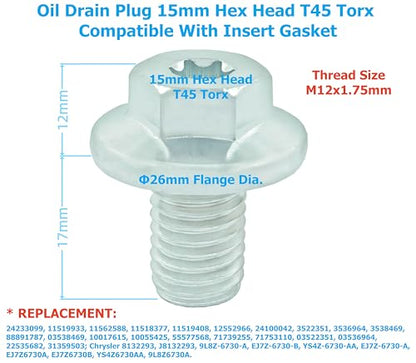 5PCS Oil Drain Plug M12-1.75, 15mm Hex Head T45 Torx Compatible with Insert Gasket, More 5PCS Gasket, fit for GMC, Buick, Cadillac, Chevrolet, Replace GM 55577568, 090-948, 090-948CD, 11519933