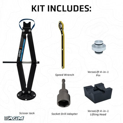 AGM Scissor Jack – 2,000 lb Impact-Rated Lift for UTVs, SUVs & Cars | Scissor jack, 2,000 lb capacity, VersaLift head, drill adapter, speed wrench included