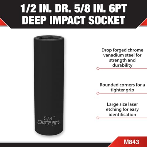 Performance Tool M843 1/2 Drive Impact Socket, 5/8 - Chrome Vanadium, 6 Point Deep Steel Socket for Heavy Duty Automotive and DIY Applications - size: 5/8", style: Deep Wall Impact