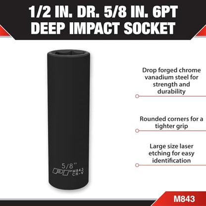 Performance Tool M843 1/2 Drive Impact Socket, 5/8 - Chrome Vanadium, 6 Point Deep Steel Socket for Heavy Duty Automotive and DIY Applications - size: 5/8", style: Deep Wall Impact