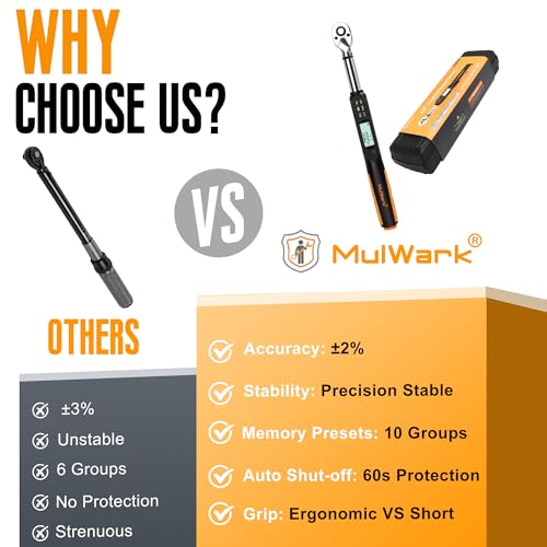 MULWARK 3/8" Digital Torque Wrench Electronic Set, with Buzzer & LED, 2.2-44.3 ft-lbs(3-60 Nm), High Precision Adjustable Bike Torque Wrenches Car Repairing Tool Calibrated with Storage Case - size: 3/8'' digital torque wrench, style: Alloy Steel