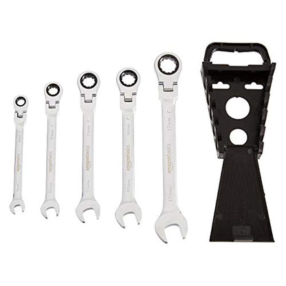 Amazon Basics 72-Tooth Ratcheting Combination Wrench Set, Chrome Vanadium Steel Flex Head, 5-Piece Metric, 180° Flexible - style: Metric