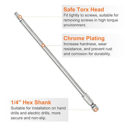 HARFINGTON 2pcs T25 Security Torx Bit 1/4" Hex Shank 6" Long S2 Steel Magnetic Tamper Resistant Star Bits Screwdriver Torx Head with Hole for Driver Drill Bits Remove Fastening Screws - size: T25