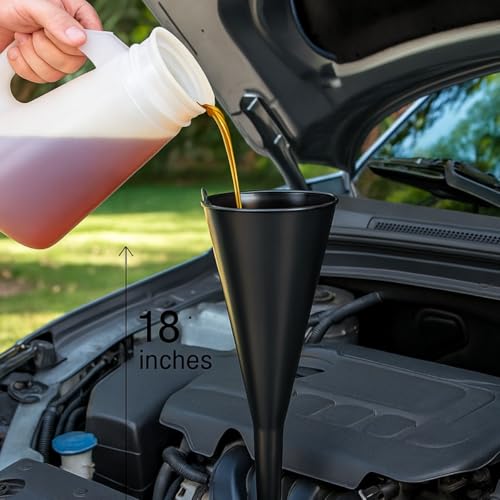 Auto Long Neck Funnel | Pack of 2 | 18" (45.7 cm) Length, 5" (12.7 cm) Diameter Mouth | Sturdy Black Plastic | Ideal for Oil, Transmission Fluid, Gasoline Additives