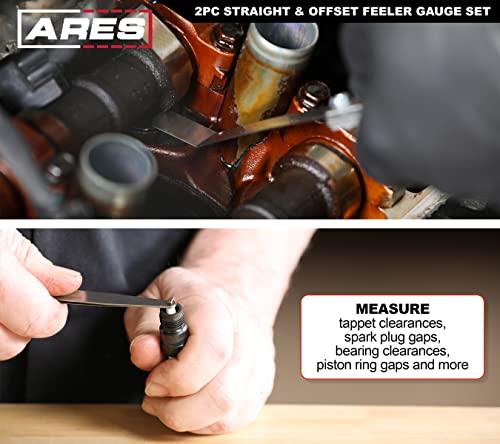 ARES 11043-2-Piece Straight Feeler Gauge & Offset Feeler Gauge Set - Straight Gauge has 32 Dual-Marked SAE & Metric Sizes - Offset has 16 Dual-Marked Sizes - Precisely Measure Mechanical Clearances - size: 2-Piece Straight and Offset Feeler Gauge Set