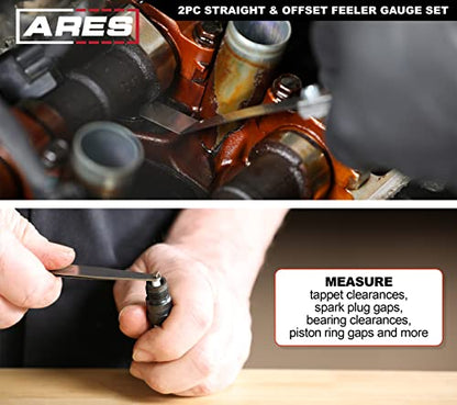 ARES 11043-2-Piece Straight Feeler Gauge & Offset Feeler Gauge Set - Straight Gauge has 32 Dual-Marked SAE & Metric Sizes - Offset has 16 Dual-Marked Sizes - Precisely Measure Mechanical Clearances - size: 2-Piece Straight and Offset Feeler Gauge Set