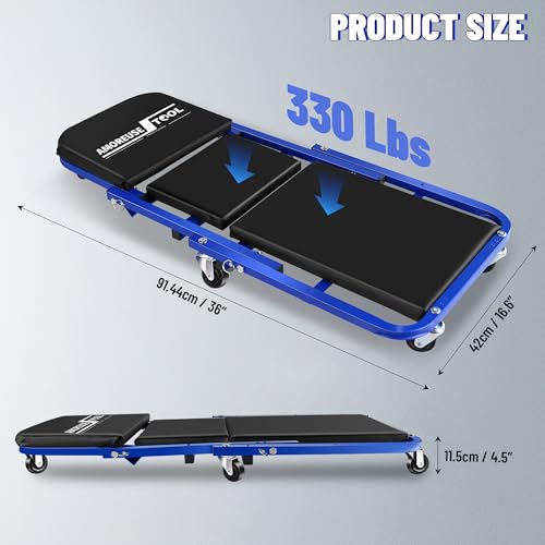 36" Folding Creeper with Tire Kit & Cross Wrench, 330 LBS, 6 Casters | Steel folding creeper converts to seat. Folds flat. 6 casters. Tire kit & 5 boxes. - color: Blue Black with Tire Kit, Wrench & Storage