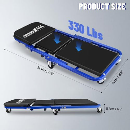 36" Folding Creeper with Tire Kit & Cross Wrench, 330 LBS, 6 Casters | Steel folding creeper converts to seat. Folds flat. 6 casters. Tire kit & 5 boxes. - color: Blue Black with Tire Kit, Wrench & Storage