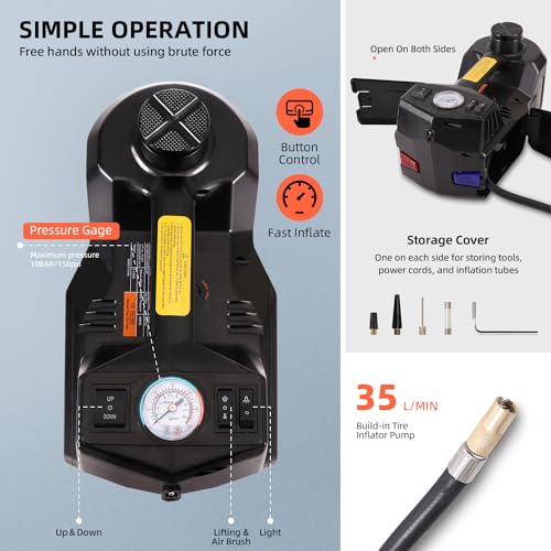 Electric Car Jack Kit 5 Ton 12V Portable Hydraulic Floor Jack with Impact Wrench and Inflatable Pump for SUV Car Tire Change Emergency Repair Kit with LED Light - color: Black+Red Wrench