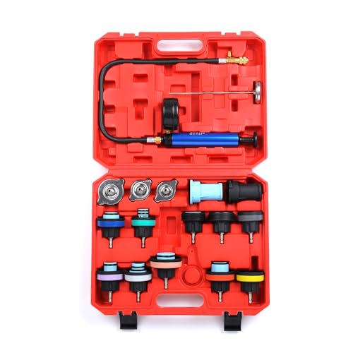 18pcs Universal Radiator Pressure Tester Kit, Coolant Vacuum Refill kit，Coolant Pressure Tester Kit with Manual Pump and Color-Coded Test Caps (red) - color: red